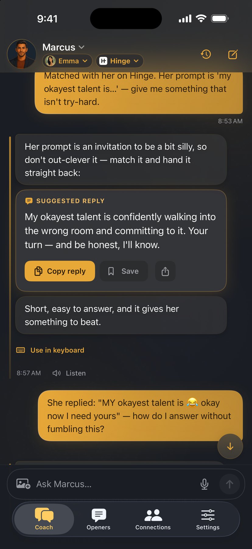 Marcus mid-conversation on Hinge, handing you a suggested reply to copy with the reasoning around it