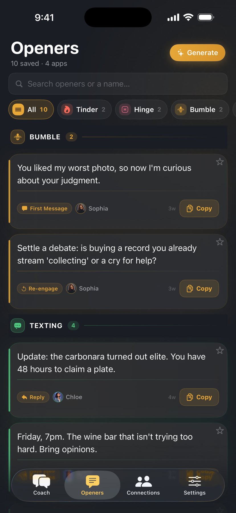 Opener vault — saved lines across Tinder, Hinge, Bumble, and Texting, tagged First Message, Re-engage, and Date Idea, each personalized to a connection