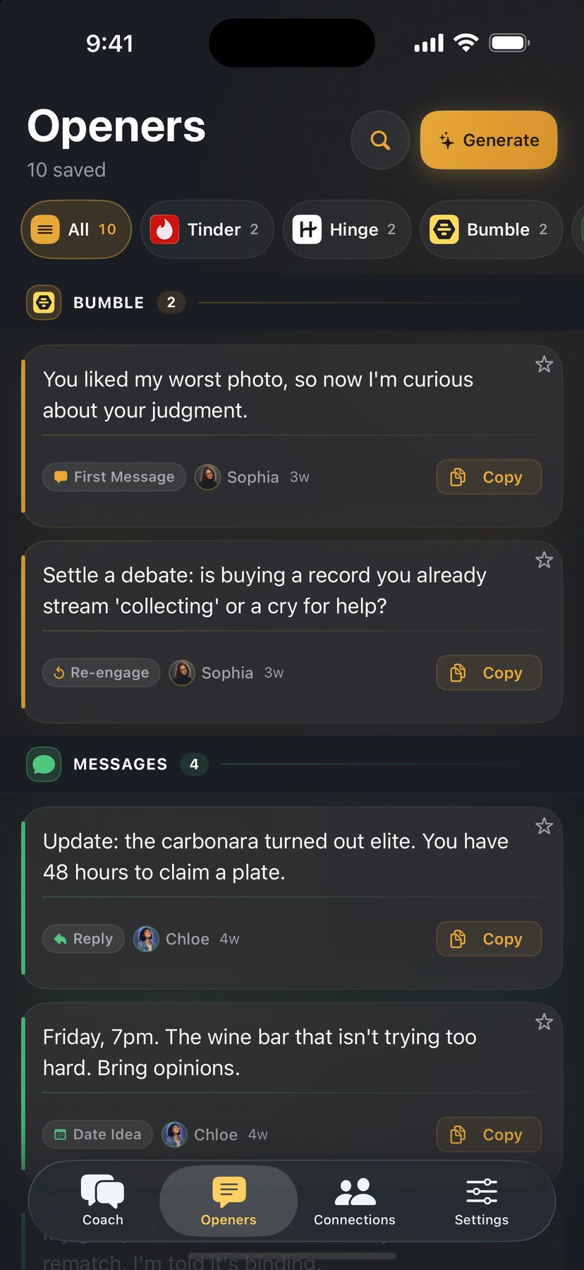 Opener vault — saved lines filed under Bumble and Messages, tagged First Message, Re-engage, Reply, and Date Idea, each tied to a connection