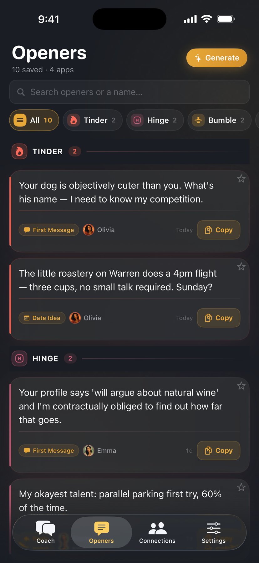 The opener vault — saved openers organized by every platform: Tinder, Hinge, Bumble, and Texting, each one tap-to-copy.