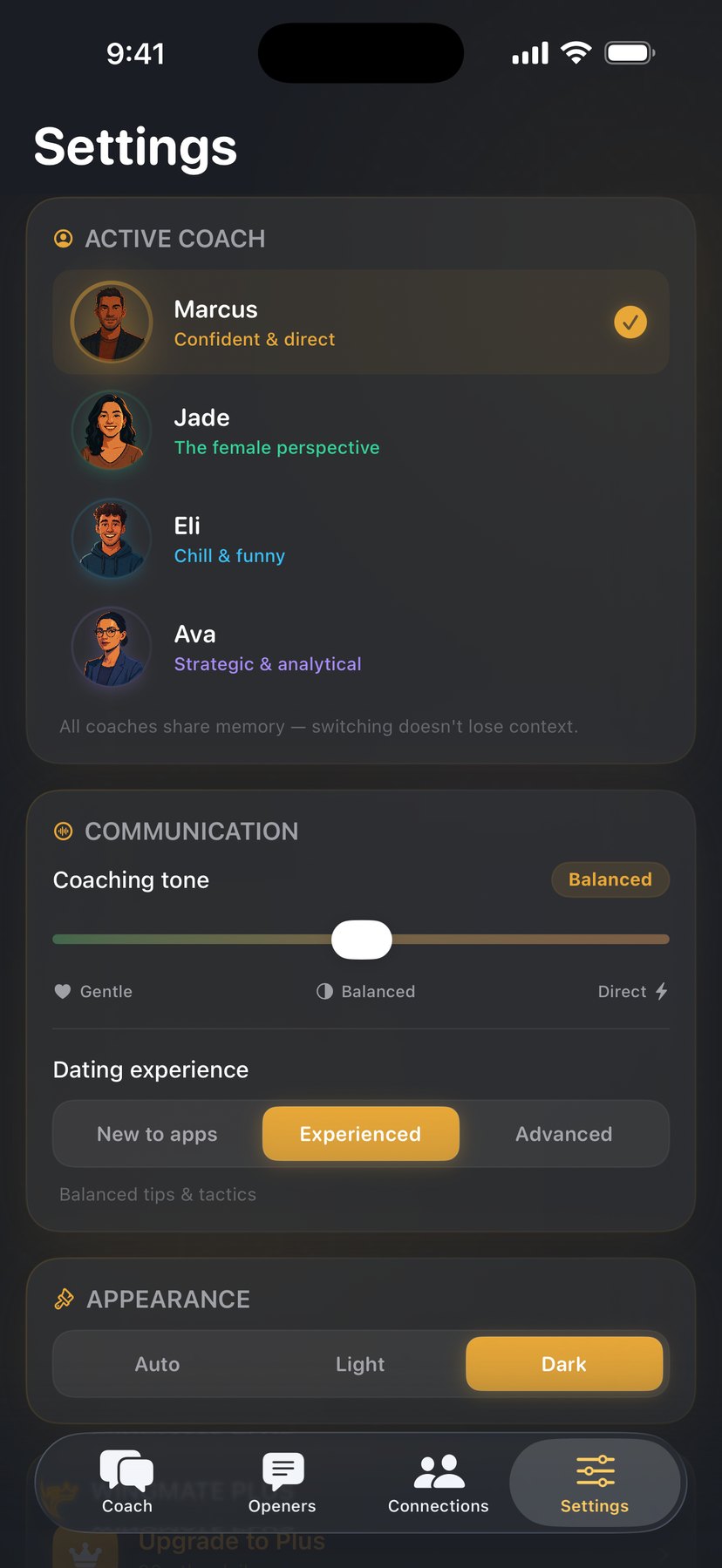 Settings — switch active coach, adjust coaching tone between Gentle and Direct, and set dating experience level.